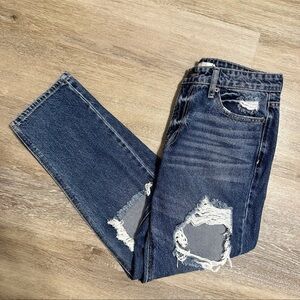 Classic Distressed Straight Leg Jeans - Distressed Deep Blue 100% Cotton